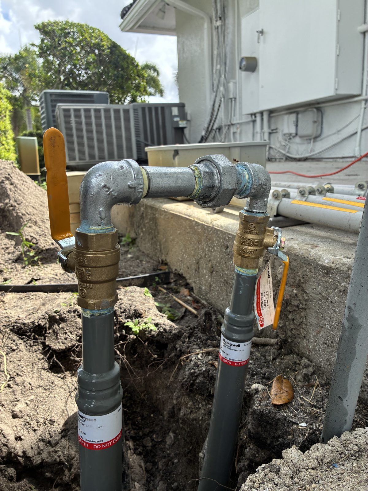 New gas line riser and shutoff valves installed at a Palm Beach County home